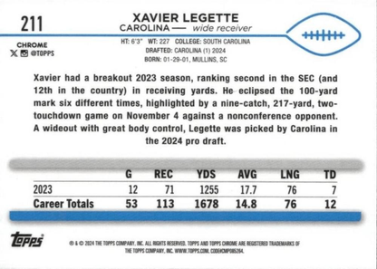 2024 Topps Chrome Football Xavier Legette RC #211 Carolina Panthers
