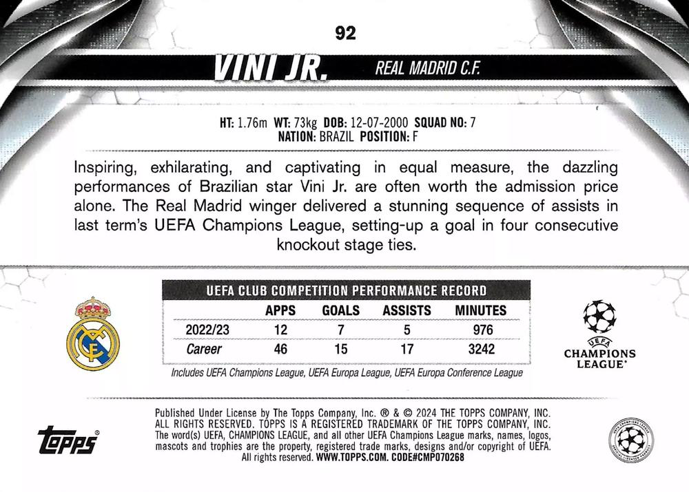2023 Topps UCC Vini Jr. #92 Real Madrid CF