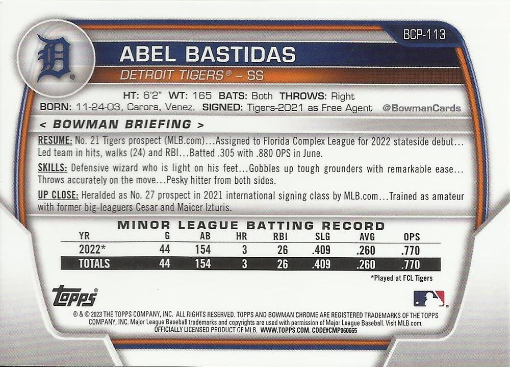 2023 Bowman Chrome Prospects Abel Bastidas 1st Detroit Tigers #BCP-113