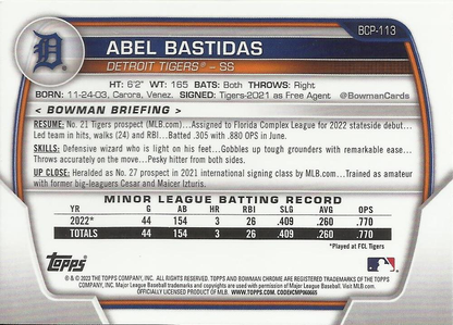 2023 Bowman Chrome Prospects Abel Bastidas 1st Detroit Tigers #BCP-113