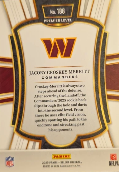 2025 Panini Select Jacory Croskey-Merritt RC #188 Washington Commanders