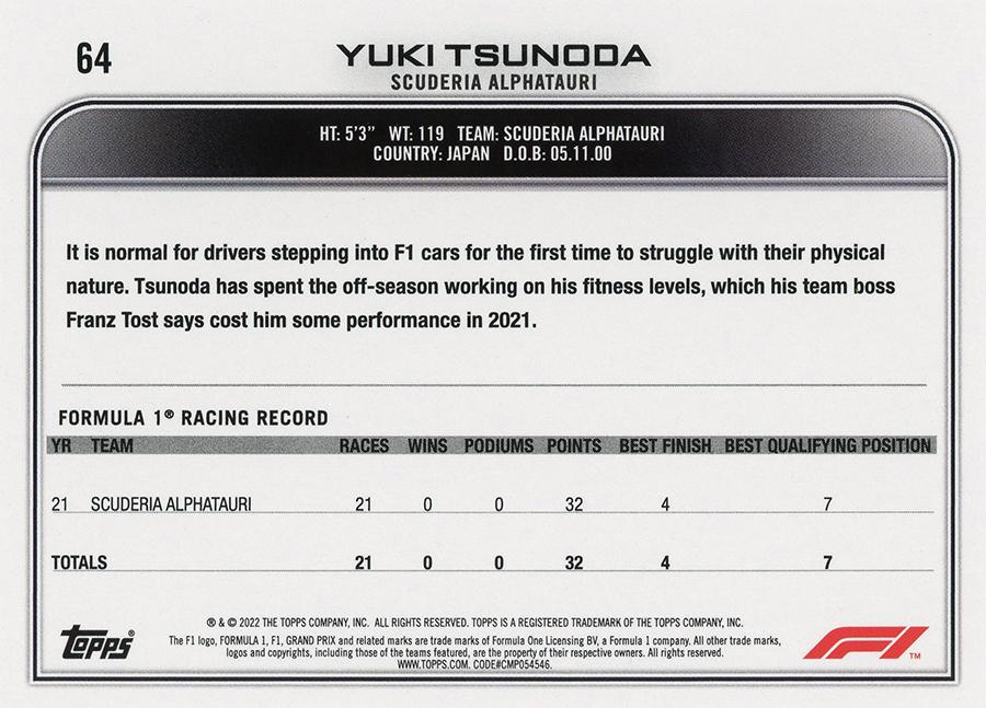 2022 Topps Formula 1 Yuki Tsunoda #64 Scuderia AlphaTauri
