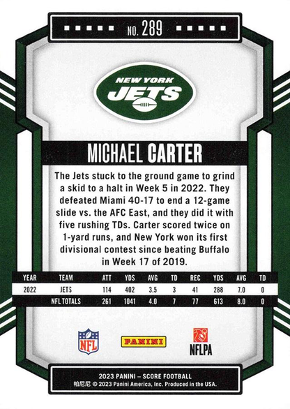 2023 Panini Score Football Michael Carter New York Jets #289