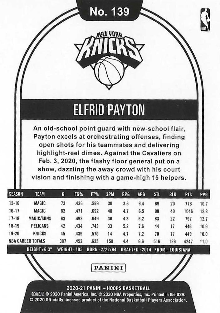 2020 Panini Hoops Elfrid Payton #139 New York Knicks