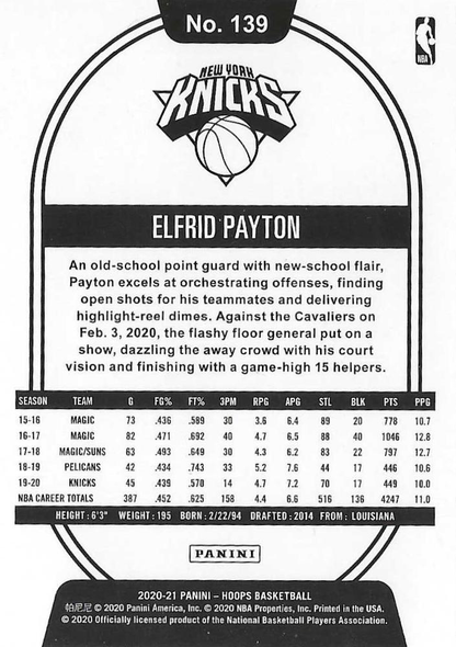 2020 Panini Hoops Elfrid Payton #139 New York Knicks