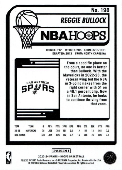 2023 Panini Hoops Reggie Bullock #198 San Antonio Spurs