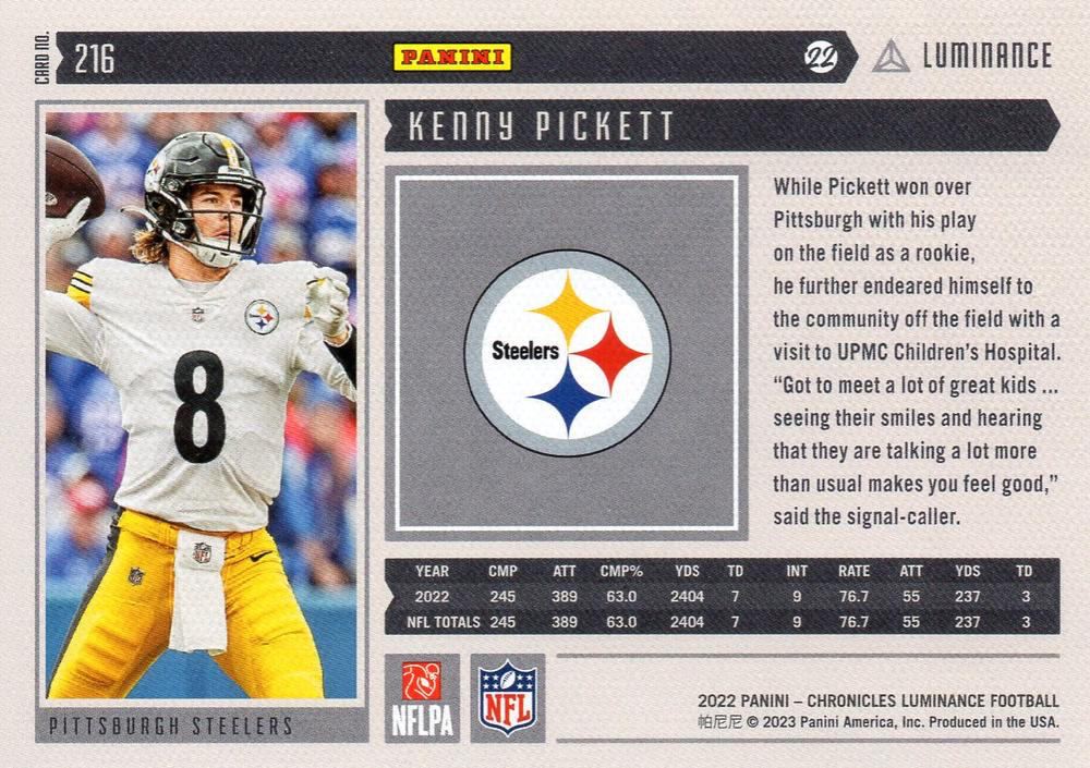 2022 Panini Chronicles Luminance Update Rookies RC Kenny Pickett #216 Pittsburgh Steelers