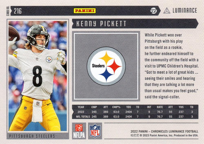 2022 Panini Chronicles Luminance Update Rookies RC Kenny Pickett #216 Pittsburgh Steelers