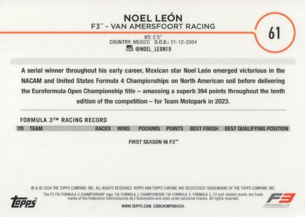 2024 Topps Chrome Formula 1 Noel Leon F3D #61 Van Amersfoort Racing