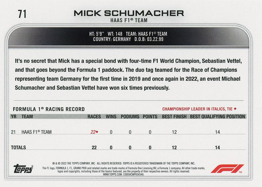2022 Topps Formula 1 Mick Schumacher #71 Haas
