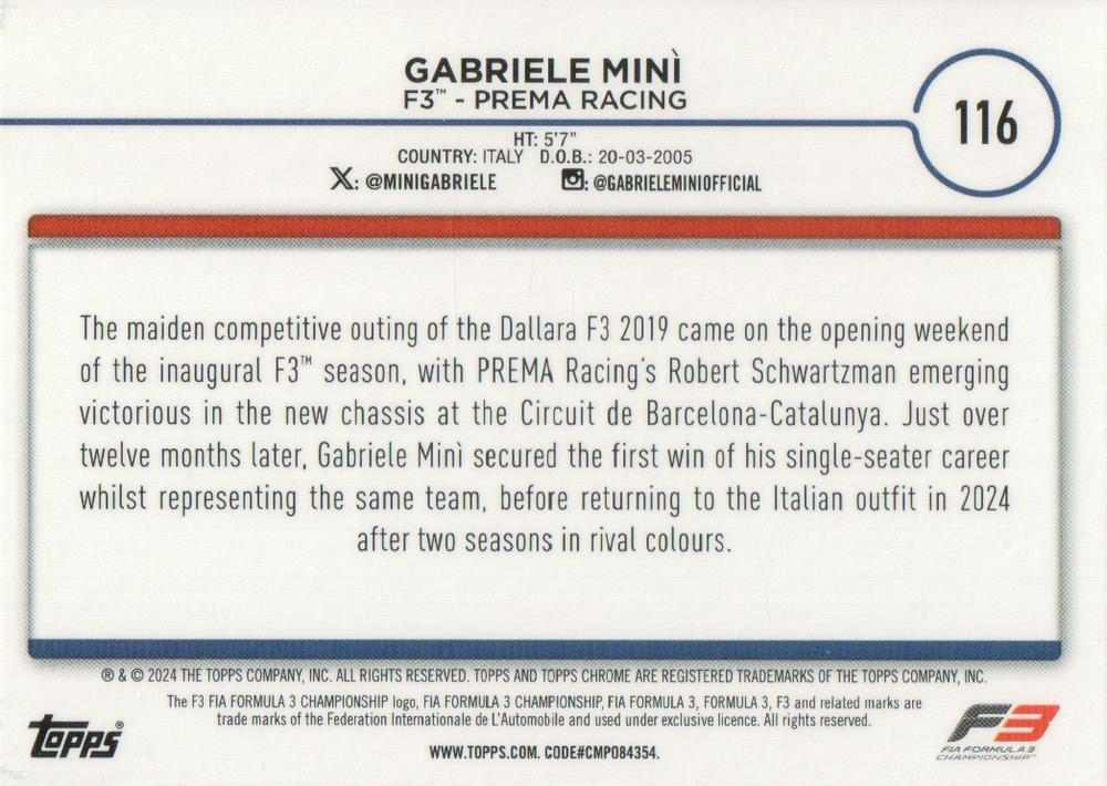 2024 Topps Chrome Formula 1 Gabriele Mini F3C #116 Prema Racing