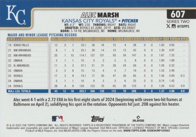 2025 Topps Series 2 Alec Marsh Kansas City Royals #607
