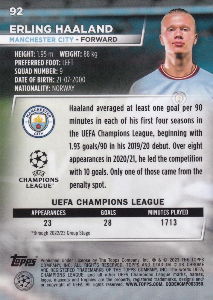 2022 Topps Stadium Club Chrome UCC Erling Haaland #92 Manchester City