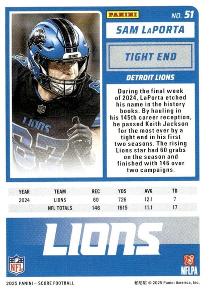 2025 Panini Score Scorecard Sam LaPorta #51 Detroit Lions