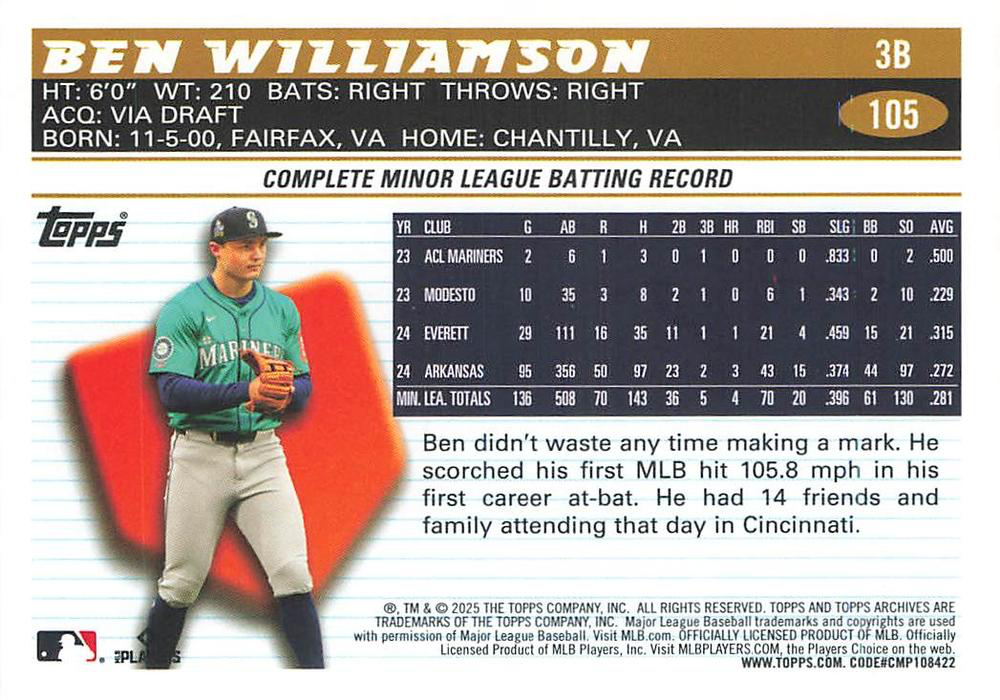 2025 Topps Archives Ben Williamson RC #105 Seattle Mariners