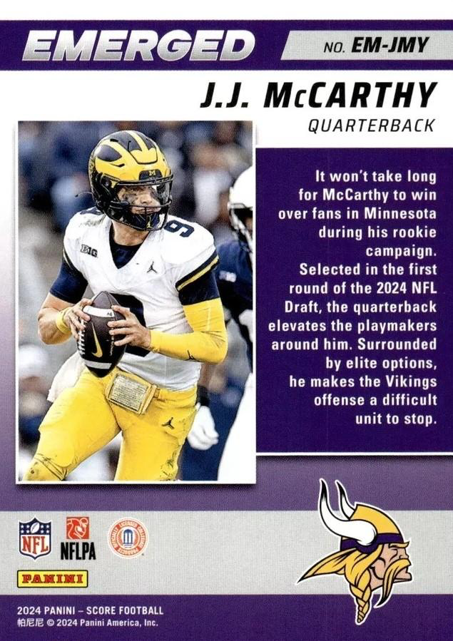2024 Panini Score Football Emerged J.J. McCarthy Minnesota Vikings #EM-JMY RC