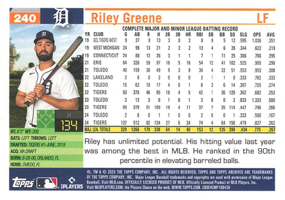 2025 Topps Archives Riley Greene #240 Detroit Tigers