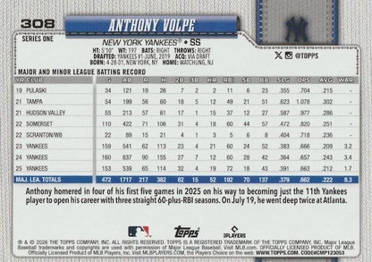 2026 Topps Series 1 Anthony Volpe #308 New York Yankees