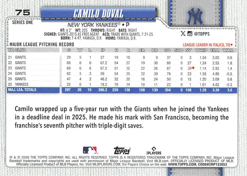 2026 Topps Series 1 Camilo Doval #75 New York Yankees