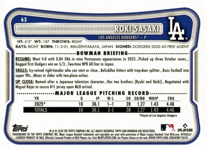 2026 Topps Bowman Roki Sasaki #63 Los Angeles Dodgers