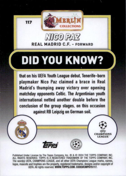 2023 Topps Merlin Chrome UCC Nico Paz RC #117 Real Madrid CF