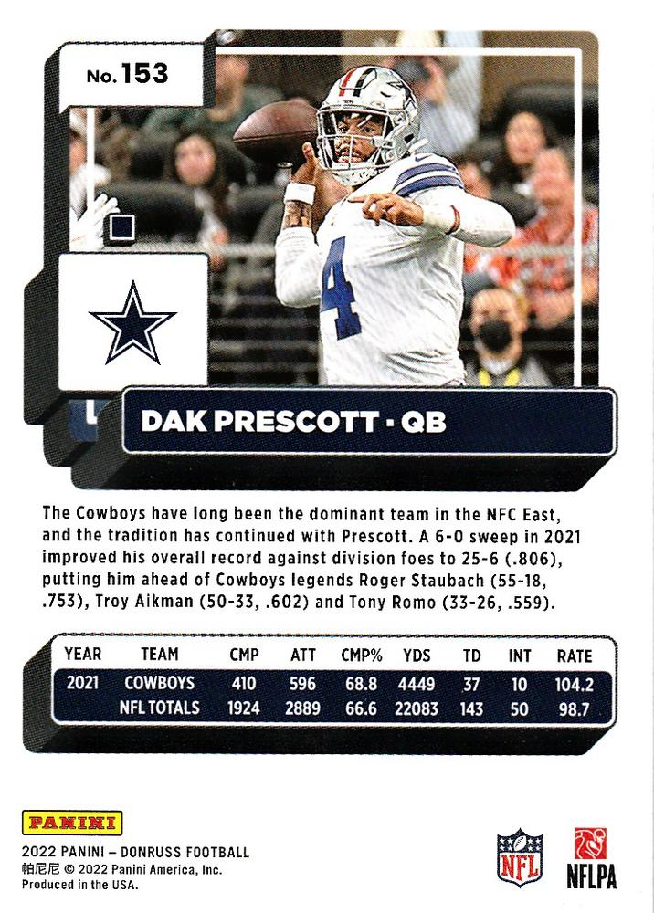 2022 Panini Donruss Dak Prescott #153 Dallas Cowboys