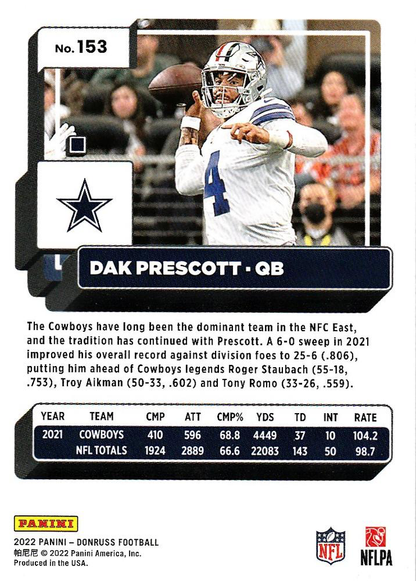 2022 Panini Donruss Dak Prescott #153 Dallas Cowboys