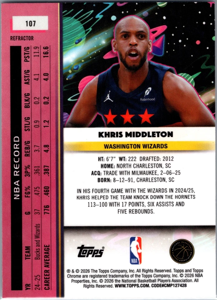 2025 Topps Chrome Cosmic Khris Middleton #107 Washington Wizards