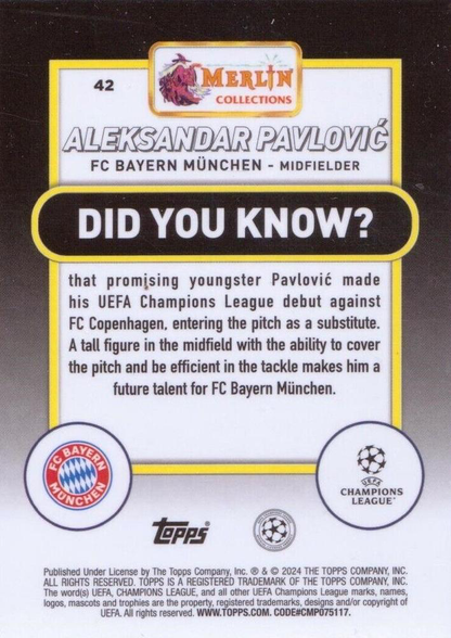 2023 Topps Merlin Chrome UCC Aleksandar Pavlovic RC #42 FC Bayern Munchen