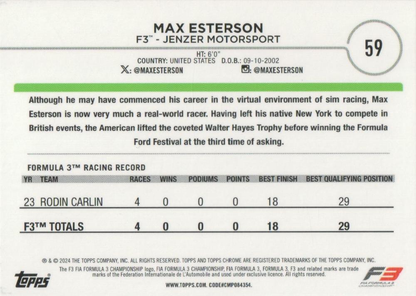 2024 Topps Chrome Formula 1 Max Esterson F3D #59 Jenzer Motorsport
