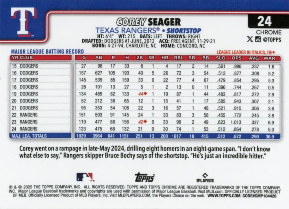 2025 Topps Chrome MLB Corey Seager #24 Texas Rangers
