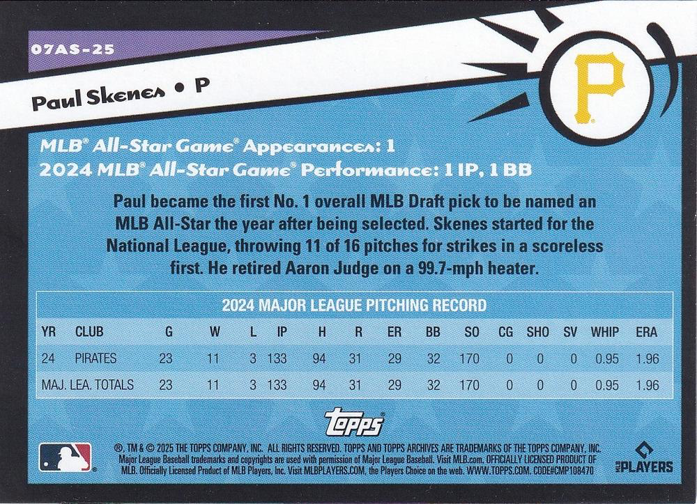 2025 Topps Archives 2007 Topps All-Stars Paul Skenes #07AS-25 Pittsburgh Pirates