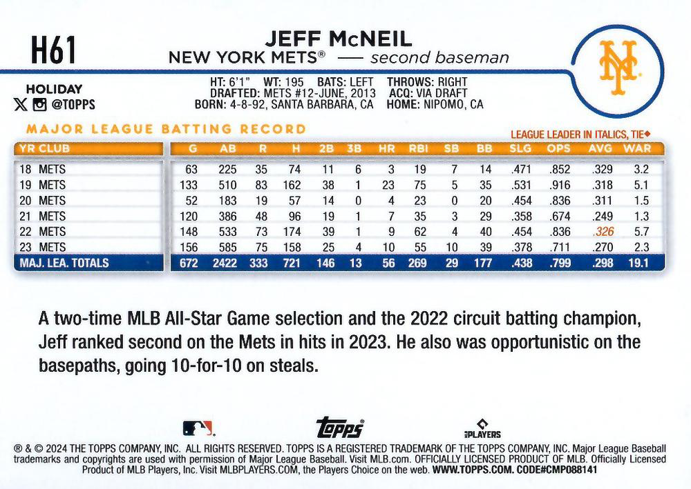 2024 Topps Holiday Jeff McNeil New York Mets #H61