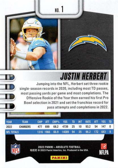 2023 Panini Absolute Justin Herbert #1 Los Angeles Chargers