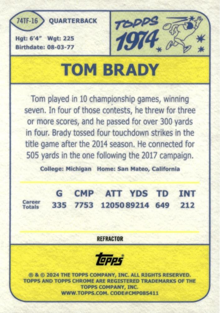 2024 Topps Chrome 1974 Topps Football Refractor Tom Brady #74TF-16 New England Patriots