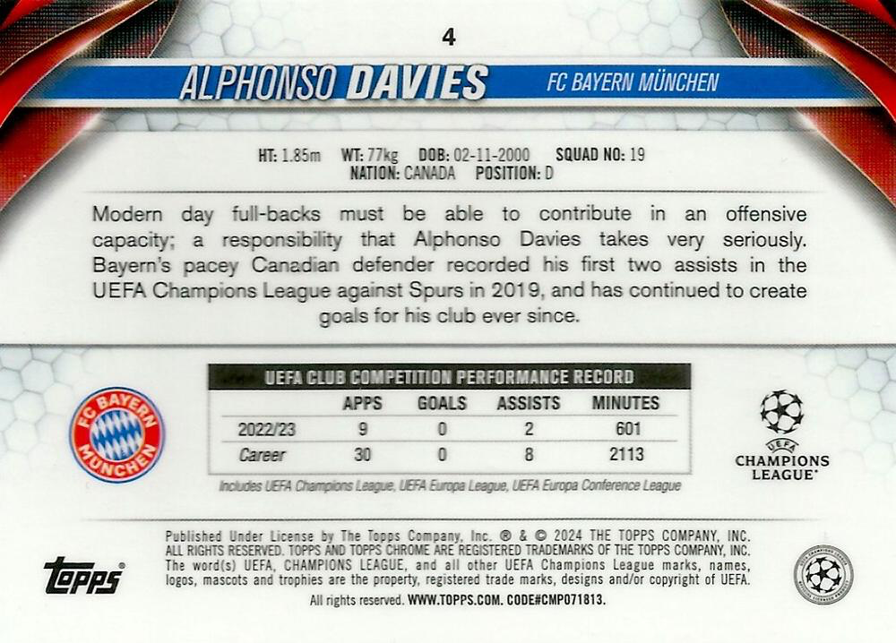 2023 Topps Chrome UEFA Club Competitions Alphonso Davies #4 FC Bayern Munchen