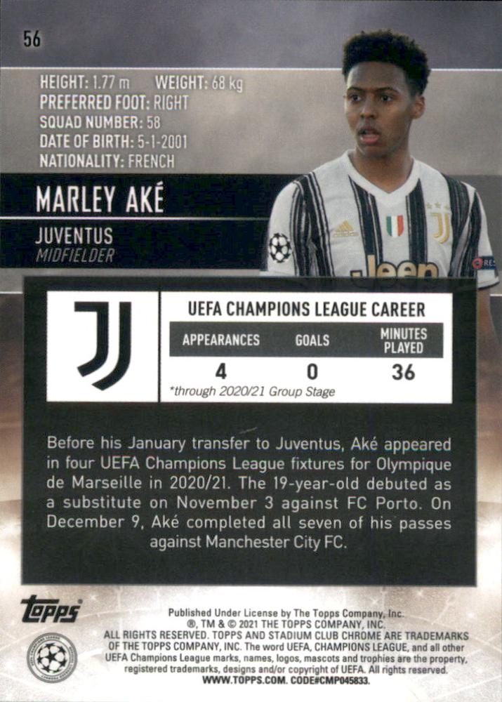 2020 Topps Stadium Club Chrome UCC RC Marley Aké #56 Juventus
