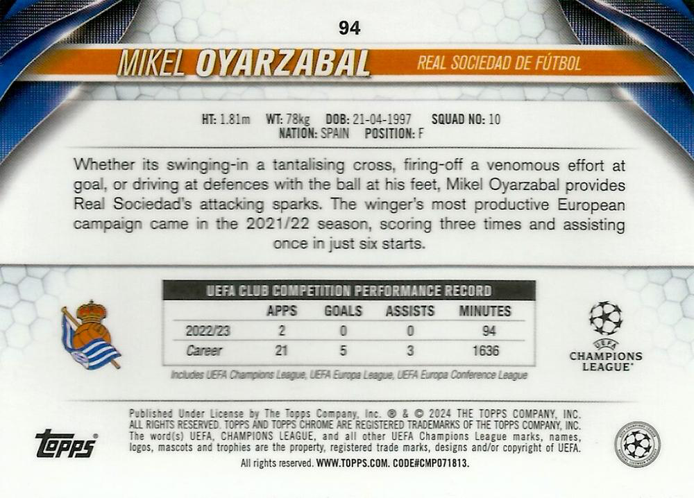 2023 Topps Chrome UEFA Club Competitions Mikel Oyarzabal #94 Real Sociedad