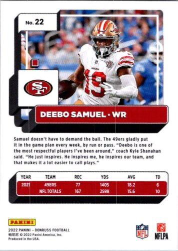 2022 Panini Donruss Deebo Samuel #22 San Francisco 49ers