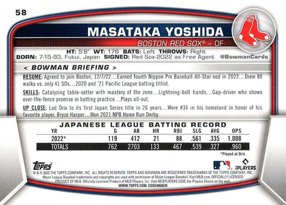 2023 ToppsBowman Masataka Yoshida RC Boston Red Sox #58