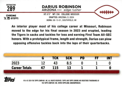 2024 Topps Chrome Football Refractor Darius Robinson RC #289 Arizona Cardinals