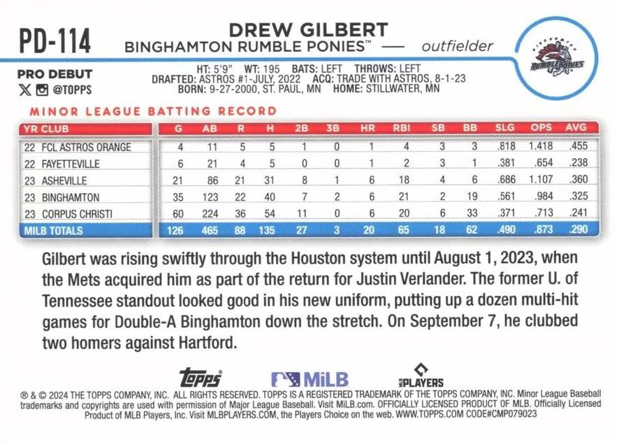 2024 Topps Pro Debut Drew Gilbert #PD-114 Binghamton Rumble Ponies