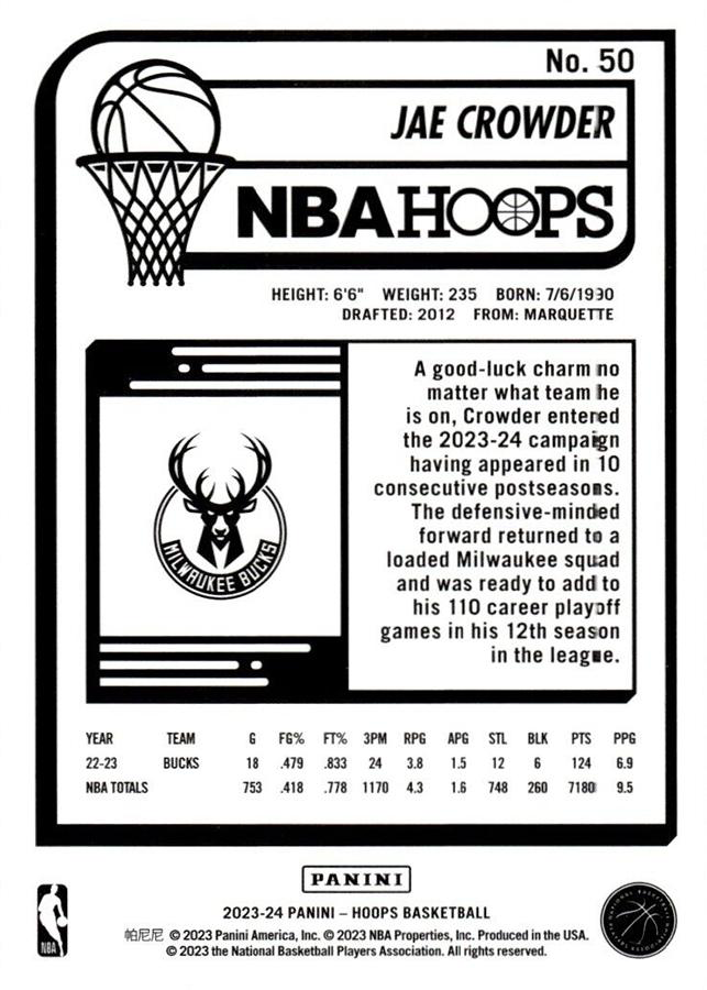 2023 Panini Hoops Jae Crowder #50 Milwaukee Bucks