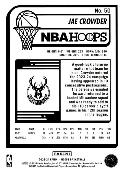 2023 Panini Hoops Jae Crowder #50 Milwaukee Bucks