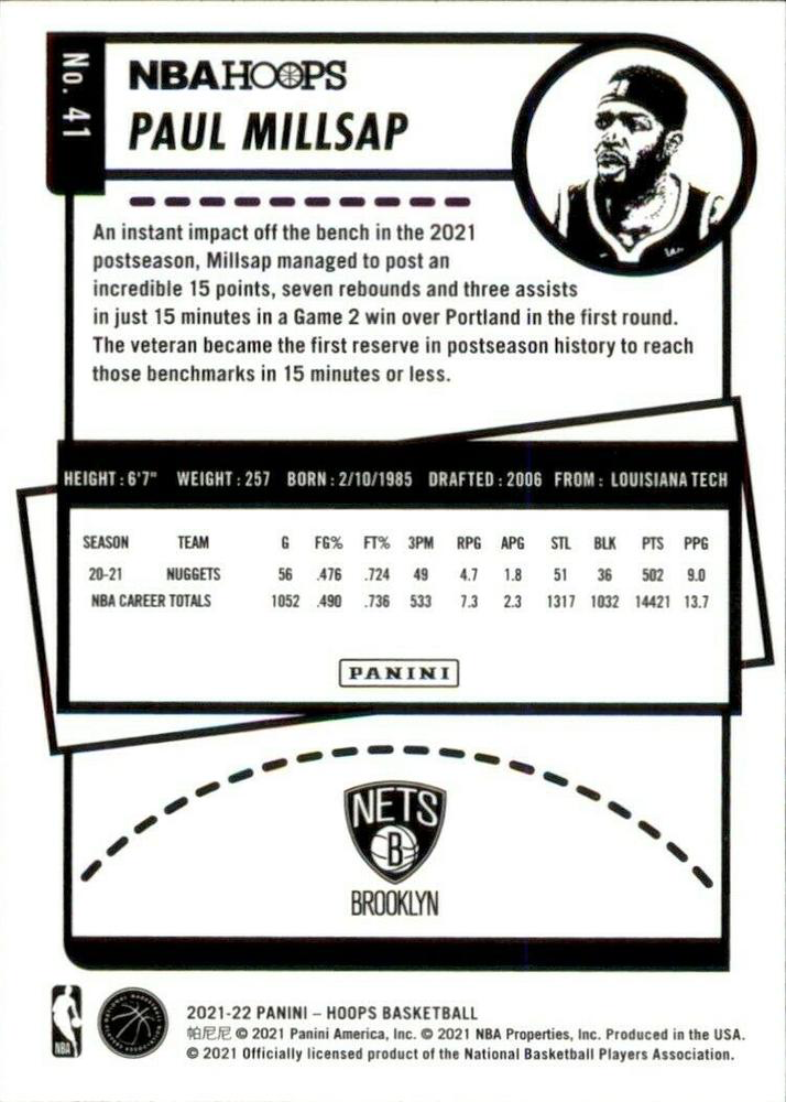 2021 Panini Hoops Paul Millsap #41 Brooklyn Nets