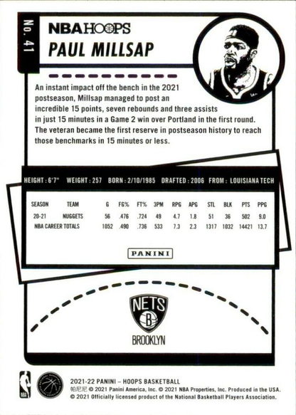 2021 Panini Hoops Paul Millsap #41 Brooklyn Nets