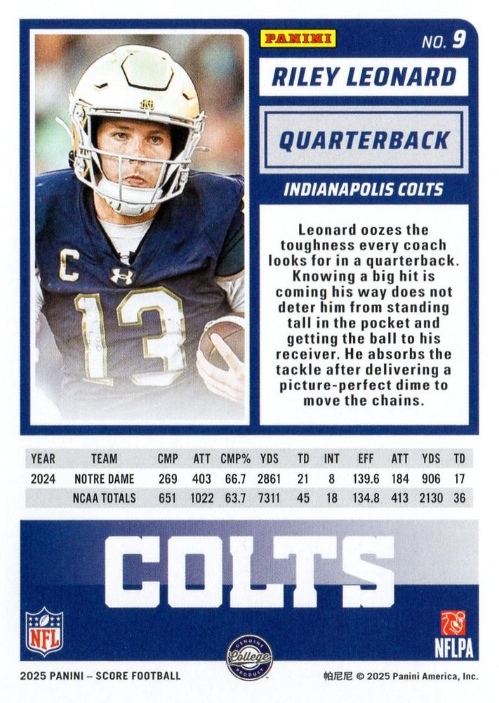 2025 Panini Score Riley Leonard RC #9 Indianapolis Colts