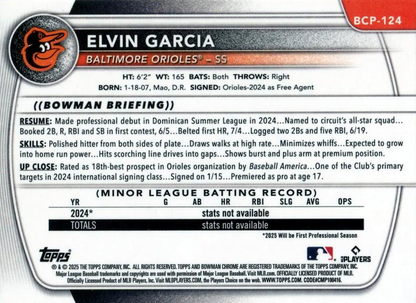 2025 Topps Bowman Chrome Prospect Elvin Garcia 1st #BCP-124 Baltimore Orioles