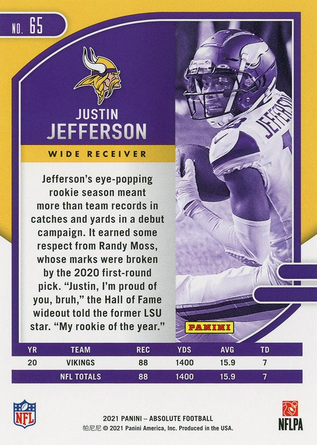 2021 Panini Absolute Retail Justin Jefferson #65 Minnesota Vikings