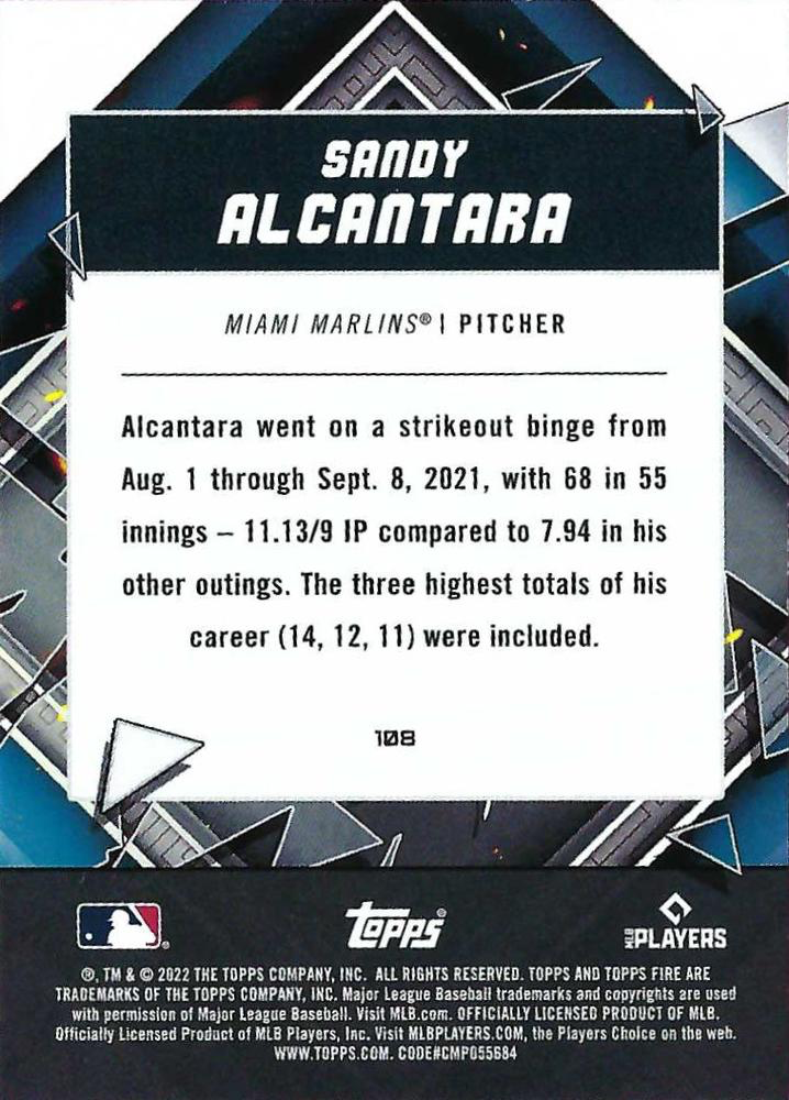 2022 Topps Fire Sandy Alcantara Miami Marlins #108